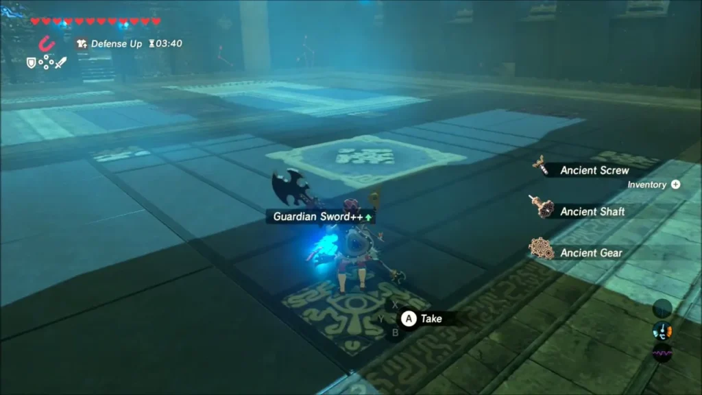 Link picking up a Guardian Sword++ and ancient parts after the fight Link picking up a Guardian Sword++ and ancient parts after the fight