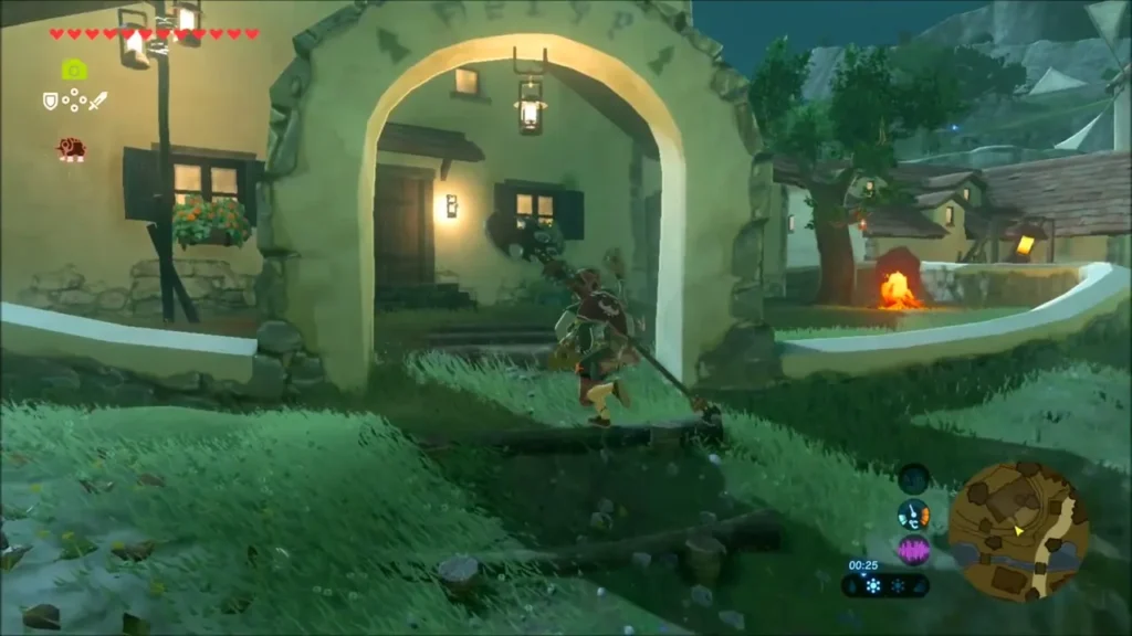 Link walking under a stone arch in Hateno Village at dusk Link walking under a stone arch in Hateno Village at dusk