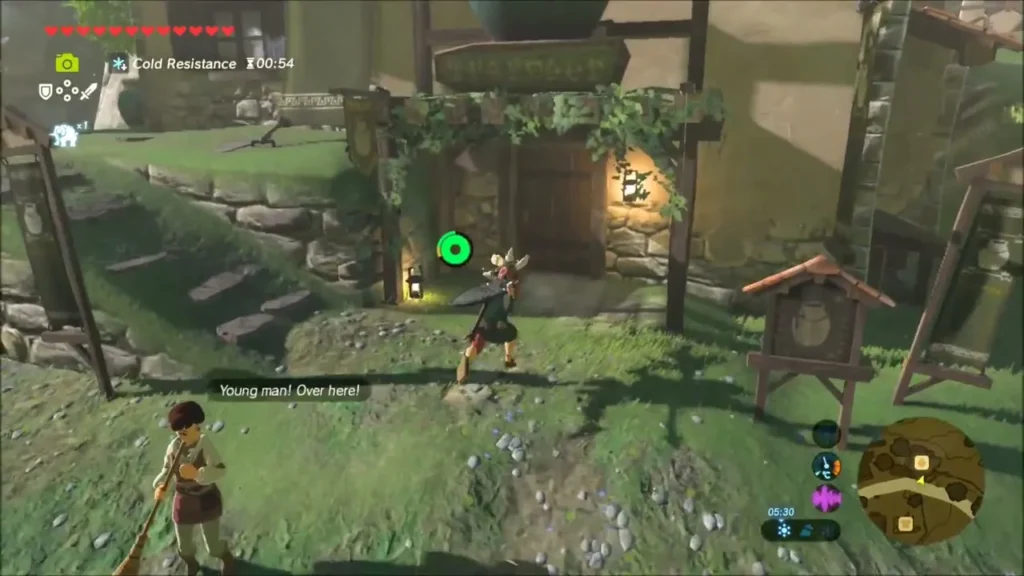 Link walking toward Pruce's store door in Hateno Village Link walking toward Pruce's store door in Hateno Village