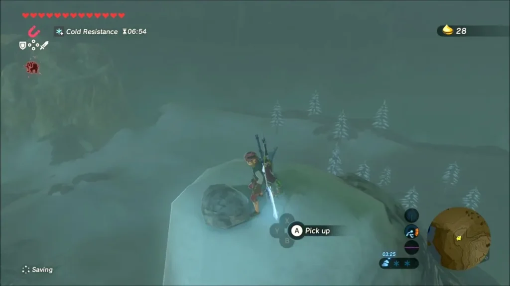 Link at the snow dome summit about to pick up a stone Link at the snow dome summit about to pick up a stone