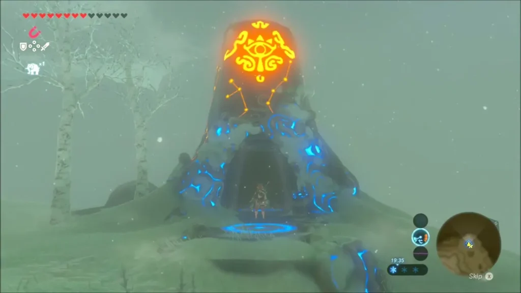 The glowing door of Hia Miu Shrine in the snowy fog The glowing door of Hia Miu Shrine in the snowy fog