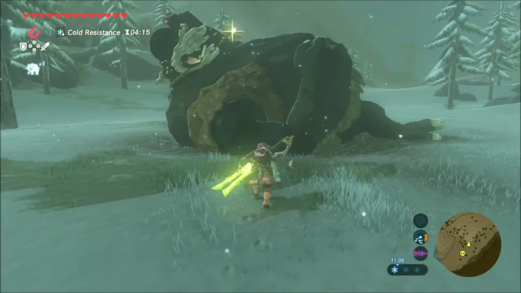 Link sneaking up on a sleeping Hinox on the snowy Hebra slope Link sneaking up on a sleeping Hinox on the snowy Hebra slope