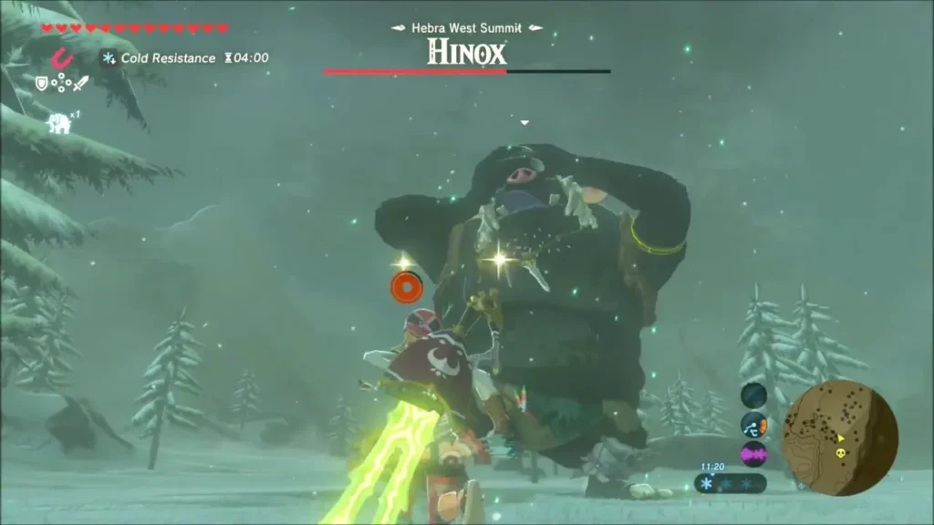 Link fighting the Hinox with its health bar showing Hebra West Summit Link fighting the Hinox with its health bar showing Hebra West Summit