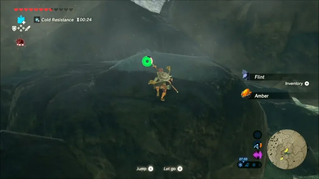 Link climbing the cave wall while collecting Flint and Amber Link climbing the cave wall while collecting Flint and Amber