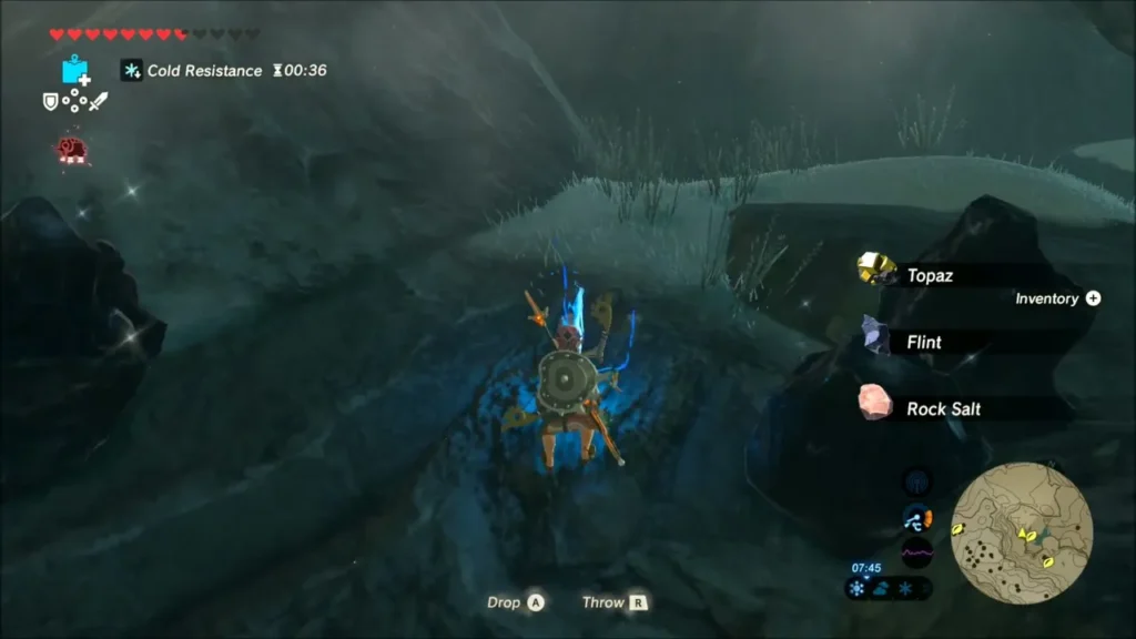 Link in the cave picking up Topaz, Flint and Rock Salt from the ledge Link in the cave picking up Topaz, Flint and Rock Salt from the ledge