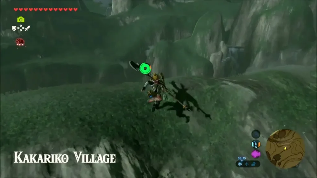 Link gliding toward Kakariko Village with its name on screen Link gliding toward Kakariko Village with its name on screen