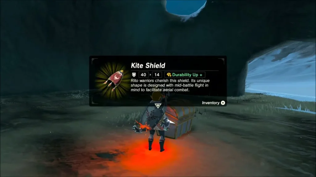 Link holding up the Kite Shield beside the open chest Link holding up the Kite Shield beside the open chest
