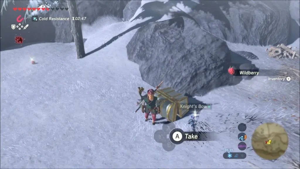 Link at the chest by the boulder with the Knight's Bow label and a Take prompt Link at the chest by the boulder with the Knight's Bow label and a Take prompt
