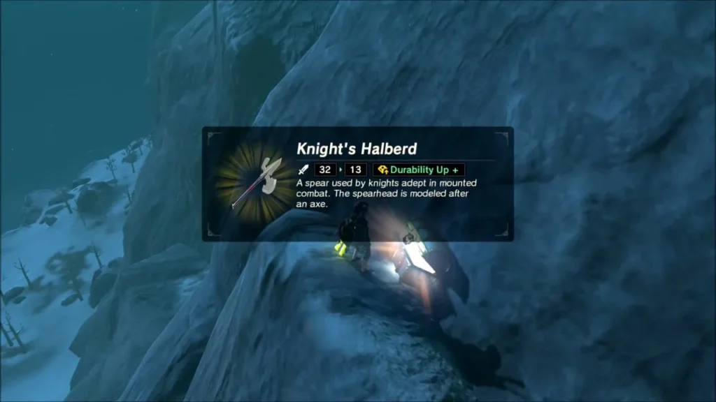 Link on a snowy ledge with the Knight's Halberd from the chest Link on a snowy ledge with the Knight's Halberd from the chest