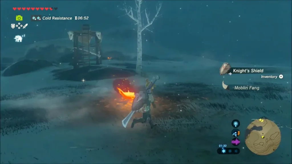 Link picking up a Knight's Shield beside the wooden lookout tower Link picking up a Knight's Shield beside the wooden lookout tower