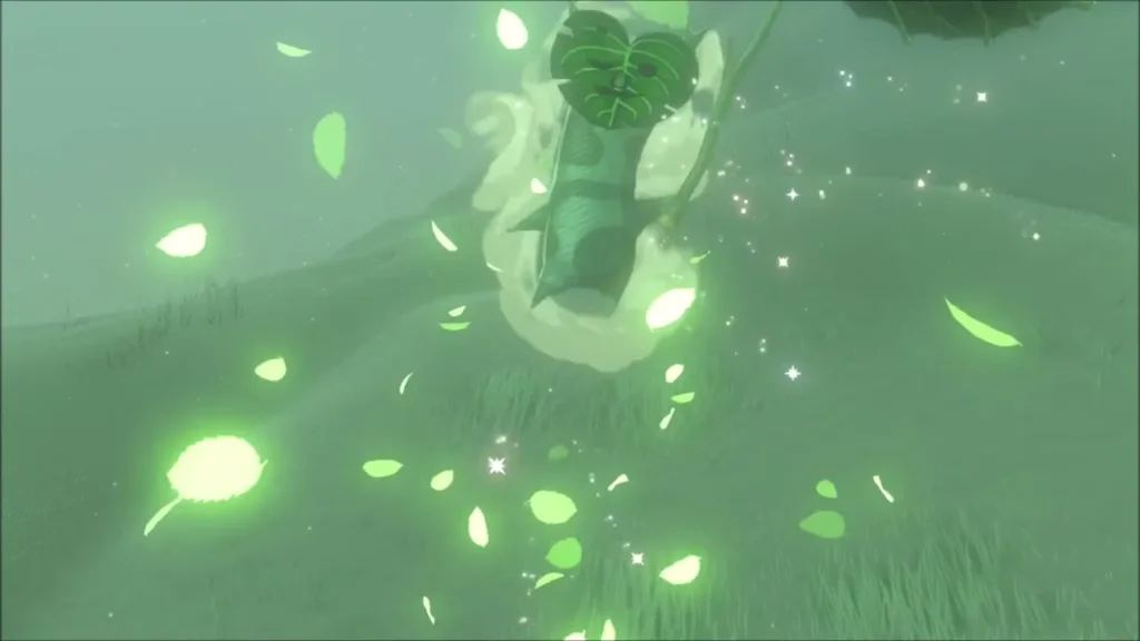 Korok bursting out in a swirl of green leaves Korok bursting out in a swirl of green leaves