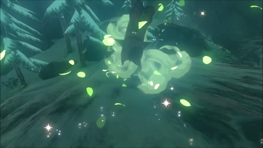 A Korok appearing in a burst of green leaves on the ridge A Korok appearing in a burst of green leaves on the ridge