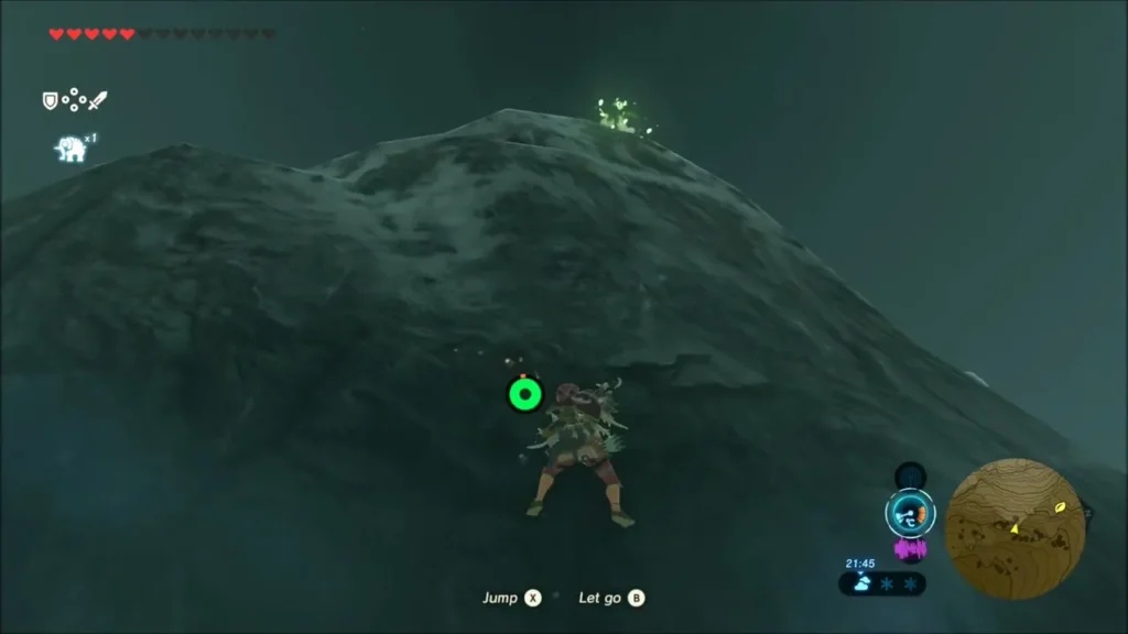Link climbing a rocky ridge with a Korok flower glowing at the top Link climbing a rocky ridge with a Korok flower glowing at the top