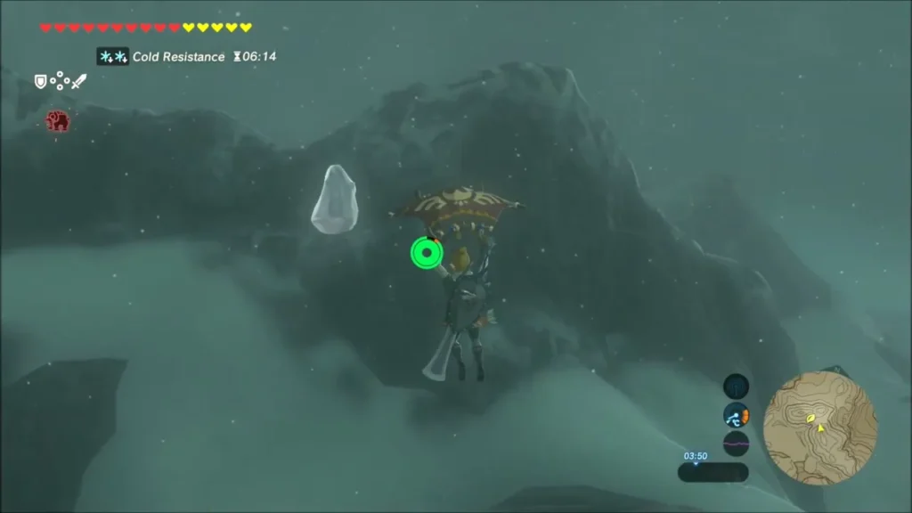 Link gliding toward an ice block holding a Korok on a steep cliff Link gliding toward an ice block holding a Korok on a steep cliff