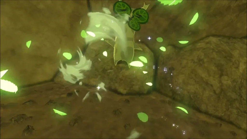 Korok appearing in a burst of green leaves at the back of the cave Korok appearing in a burst of green leaves at the back of the cave