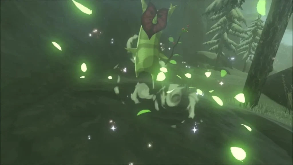 Korok appearing in a burst of leaves among snowy pines Korok appearing in a burst of leaves among snowy pines