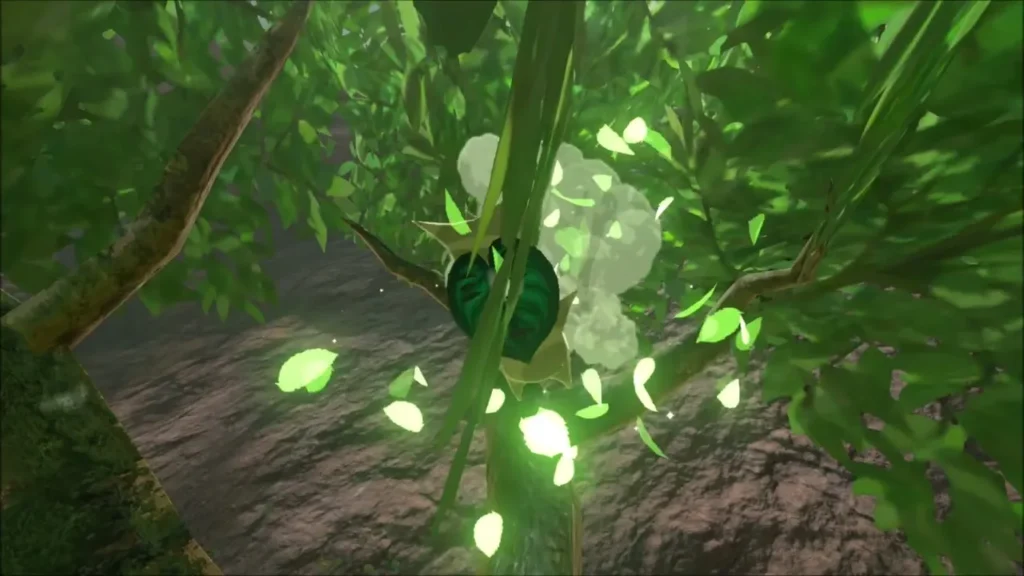 Leaves burst from the tree as the Korok appears in the branches Leaves burst from the tree as the Korok appears in the branches