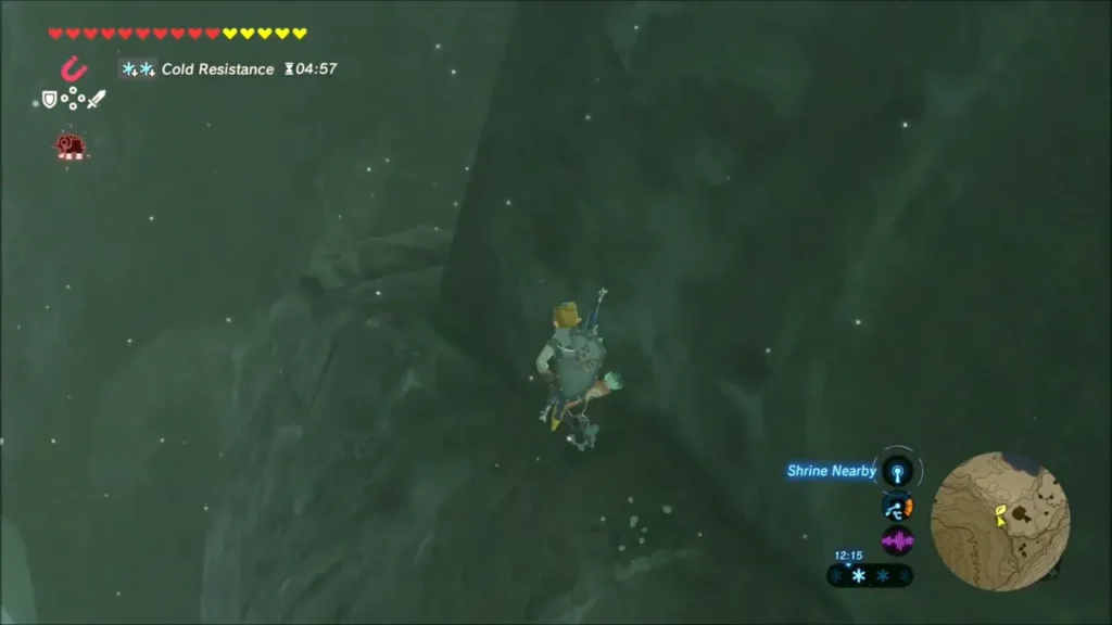 Link climbing a rocky ledge in the snow, shrine nearby Link climbing a rocky ledge in the snow, shrine nearby