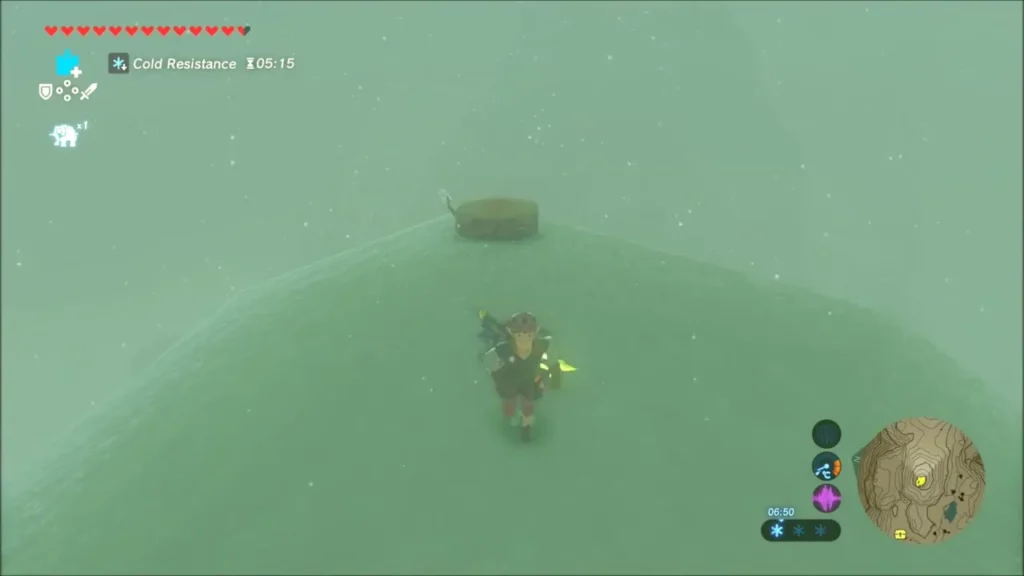 Link walking up a foggy hill toward the Korok at the crest Link walking up a foggy hill toward the Korok at the crest