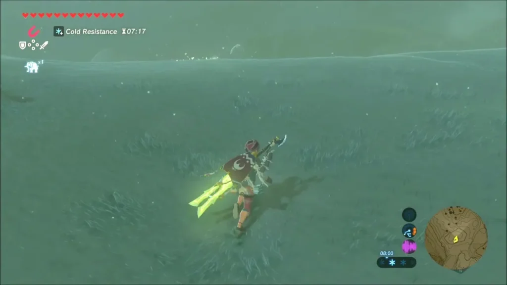 Link running across a snowy grass plain toward a hidden Korok Link running across a snowy grass plain toward a hidden Korok