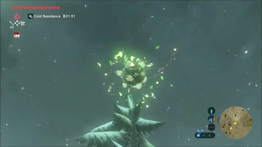Korok seed leaf burst at the top of a tall pine Korok seed leaf burst at the top of a tall pine