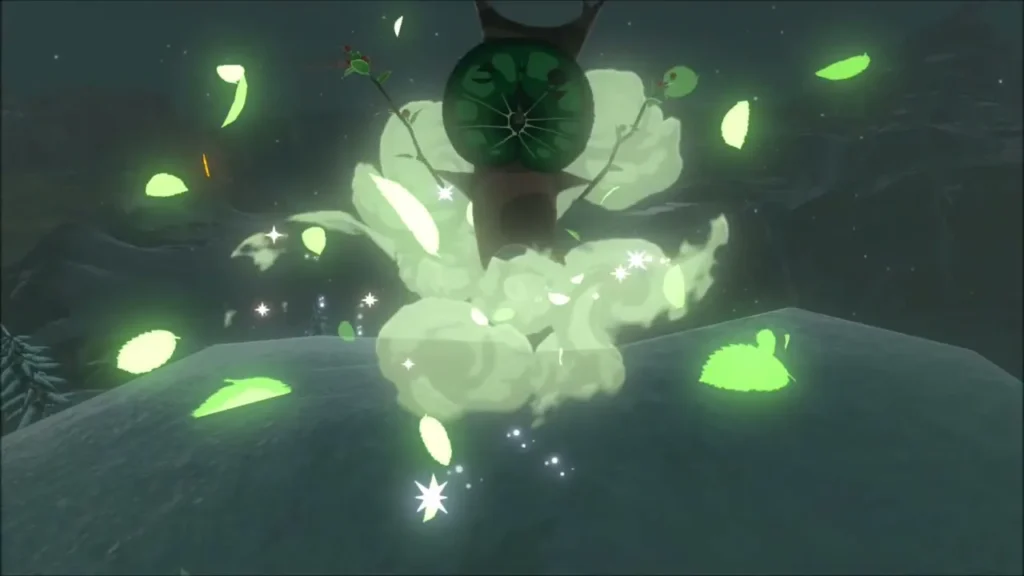 A Korok bursting out in a cloud of leaves at the ridge top A Korok bursting out in a cloud of leaves at the ridge top