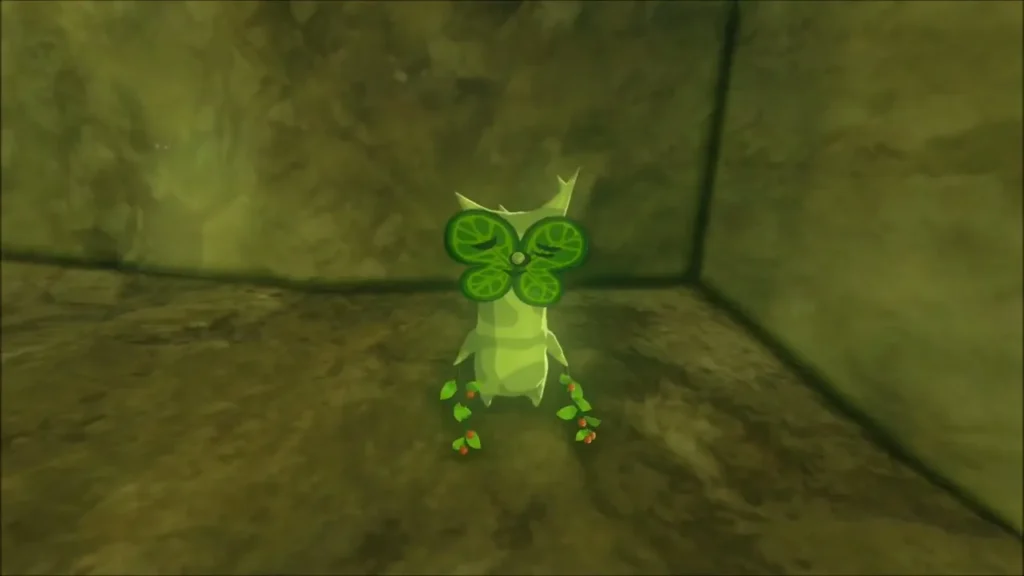 A Korok with a leaf mask revealed in the cave after the rubble is cleared A Korok with a leaf mask revealed in the cave after the rubble is cleared