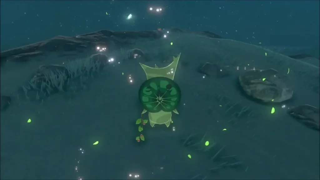 Korok appearing amid green leaves after the stone circle is completed Korok appearing amid green leaves after the stone circle is completed
