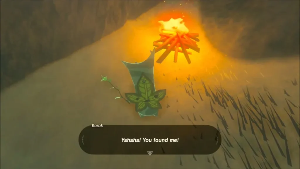 Korok emerging beside the campfire saying Yahaha, you found me Korok emerging beside the campfire saying Yahaha, you found me