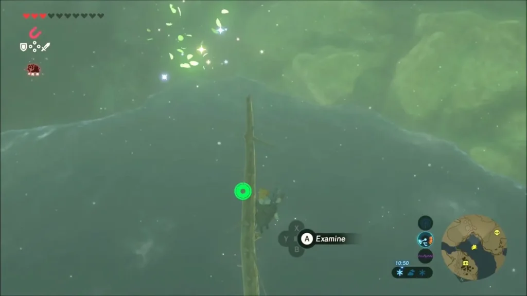 Link climbing a tall bare trunk in the lake with a sparkle to examine Link climbing a tall bare trunk in the lake with a sparkle to examine