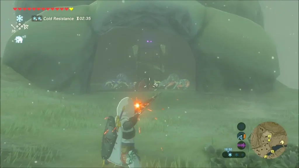 Link aiming a fire arrow at Lizalfos guarding a hillside cave Link aiming a fire arrow at Lizalfos guarding a hillside cave