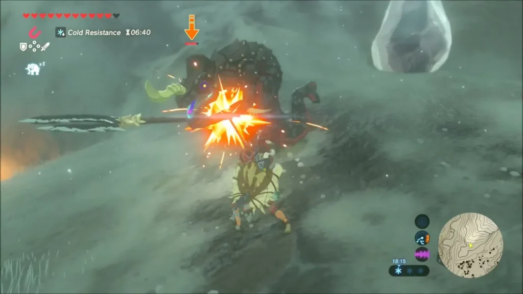 Link striking a Lizalfos with a flurry of sparks on a snowy slope Link striking a Lizalfos with a flurry of sparks on a snowy slope