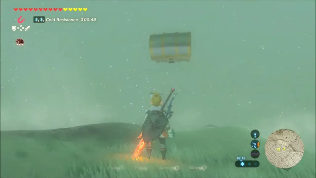 Link pulling a treasure chest through the mist with Magnesis Link pulling a treasure chest through the mist with Magnesis