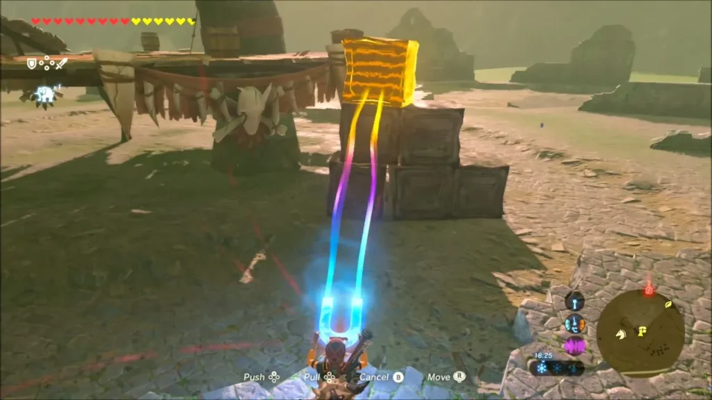 Link using Magnesis to stack metal crates beside the Bokoblin watchtower Link using Magnesis to stack metal crates beside the Bokoblin watchtower