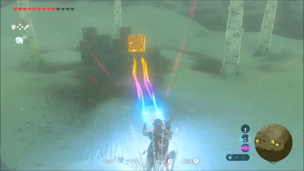 Link lifting a metal cube free with Magnesis between birch trees Link lifting a metal cube free with Magnesis between birch trees
