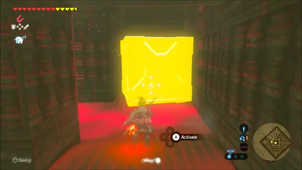 Link holding a glowing yellow metal block with Magnesis in a dark corridor Link holding a glowing yellow metal block with Magnesis in a dark corridor