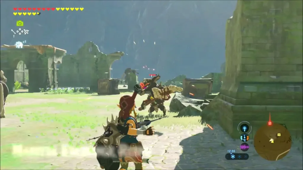 Link on horseback fighting a Bokoblin among the ruined stone walls of Maritta Exchange Link on horseback fighting a Bokoblin among the ruined stone walls of Maritta Exchange