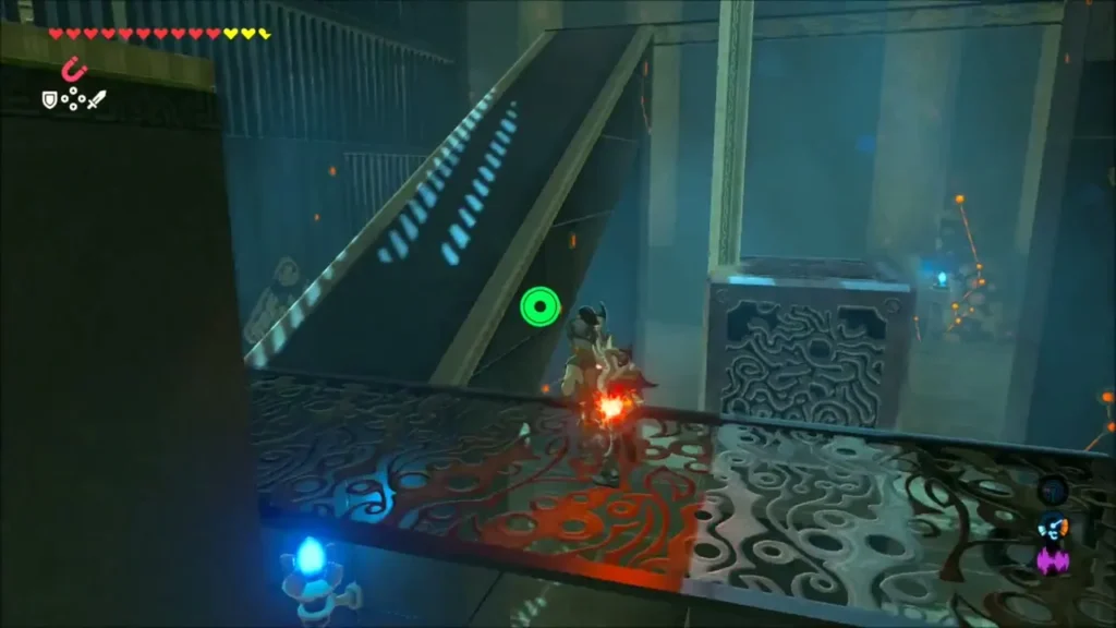 Link on a walkway beside the metal cube inside the shrine Link on a walkway beside the metal cube inside the shrine