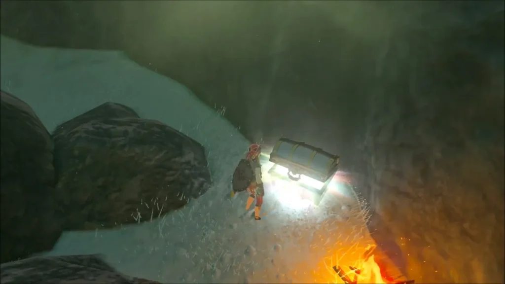 Link beside a glowing chest next to the Moblin campfire Link beside a glowing chest next to the Moblin campfire