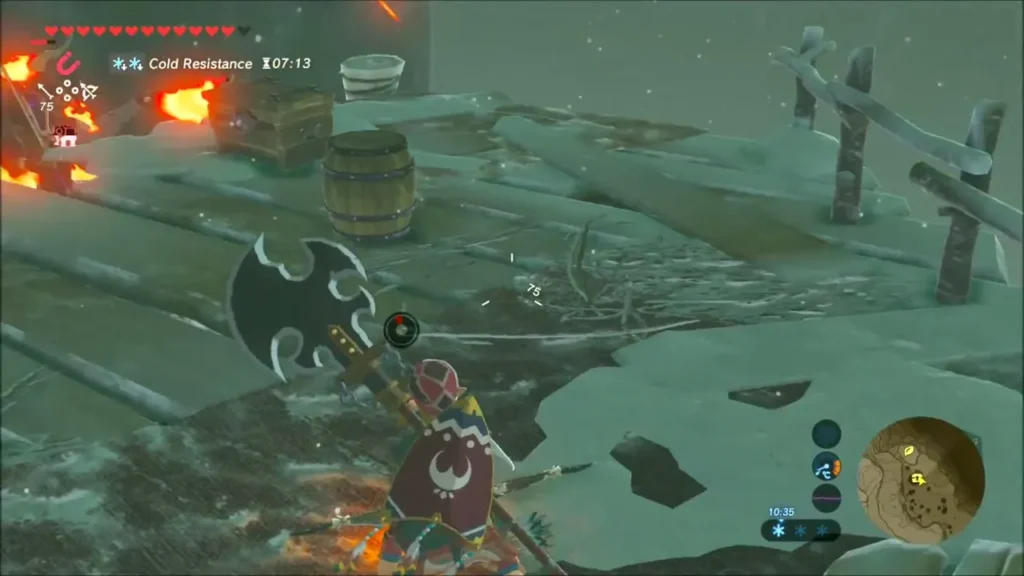 Link at a snowy Moblin camp on wooden platforms with a chest and barrel Link at a snowy Moblin camp on wooden platforms with a chest and barrel