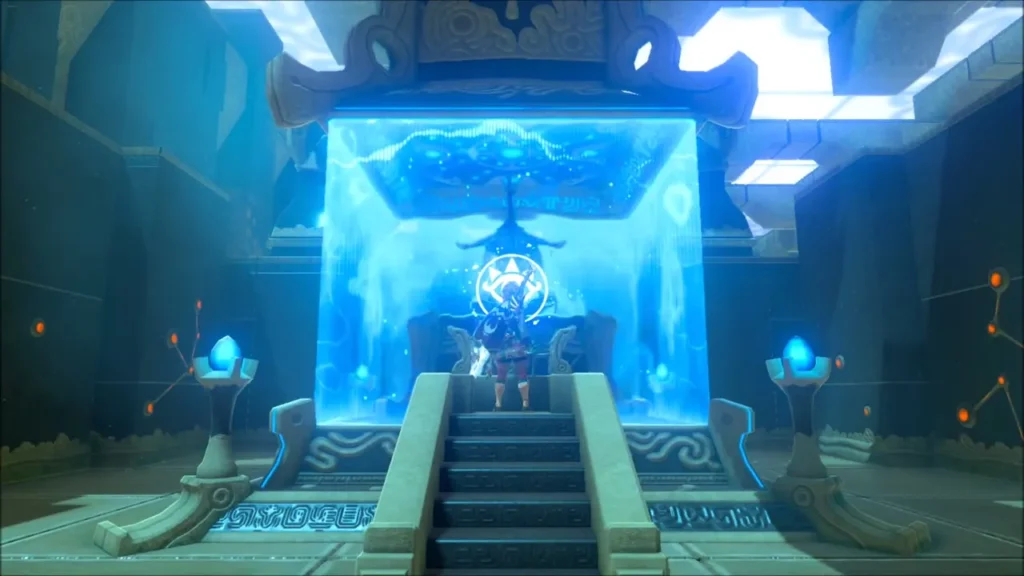 Link climbing the steps toward the monk's glowing blue altar at the end of the shrine Link climbing the steps toward the monk's glowing blue altar at the end of the shrine
