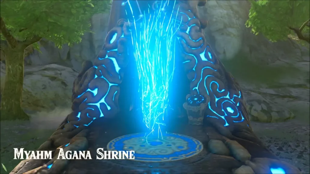 Myahm Agana Shrine with its blue beam and title Myahm Agana Shrine with its blue beam and title