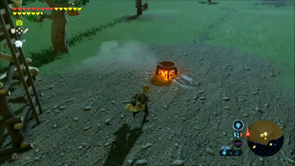 Link running past a smoking cooking pot at the night camp Link running past a smoking cooking pot at the night camp