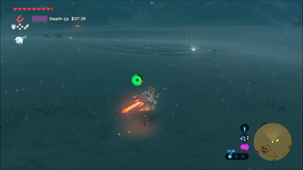 Faint sparkle on the dark snowy plain at night as Link approaches Faint sparkle on the dark snowy plain at night as Link approaches