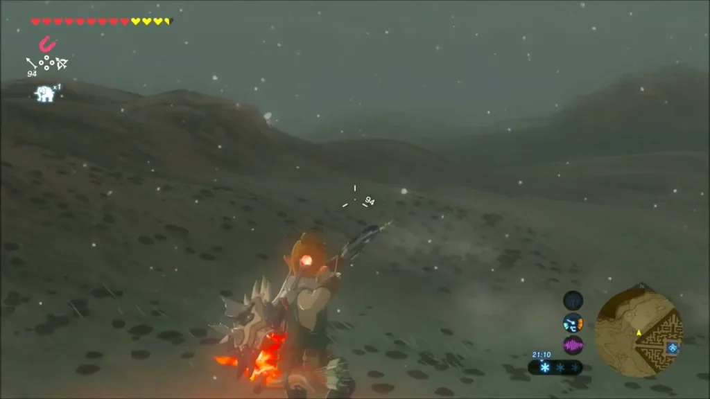 Link aiming a bow across a dark snowy hillside at night Link aiming a bow across a dark snowy hillside at night