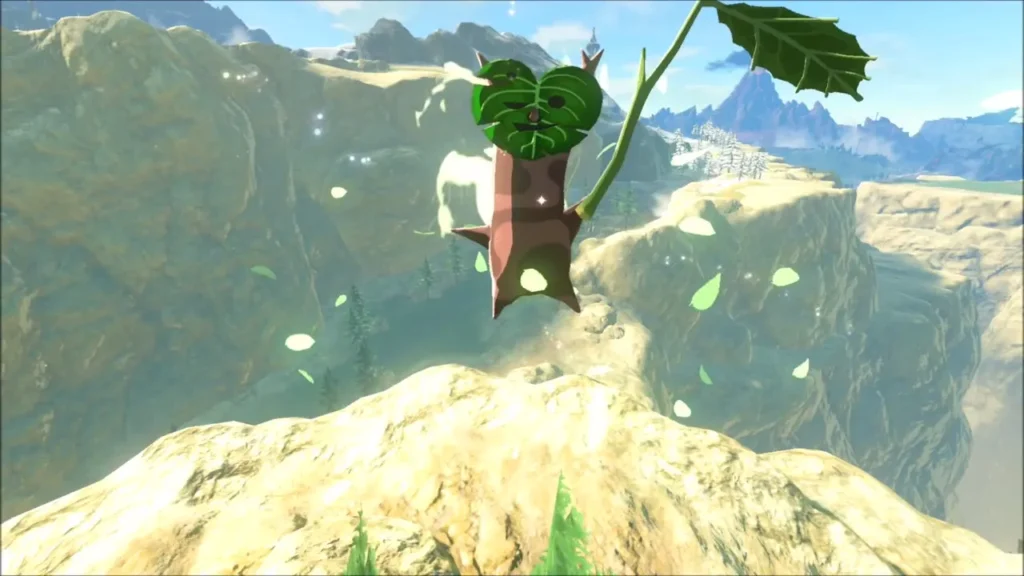 A Korok waving on the rocky peak beside the pine A Korok waving on the rocky peak beside the pine