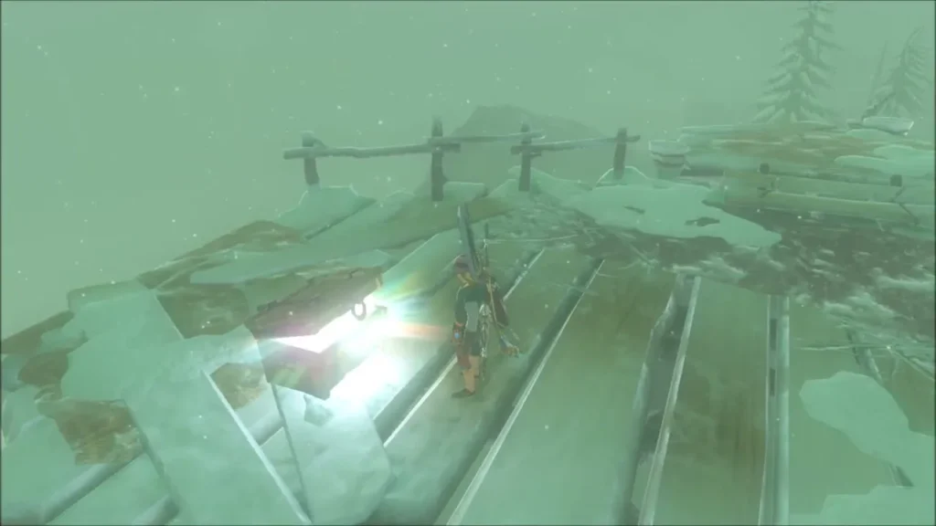 Link opening a glowing chest on a wooden platform in the pines Link opening a glowing chest on a wooden platform in the pines