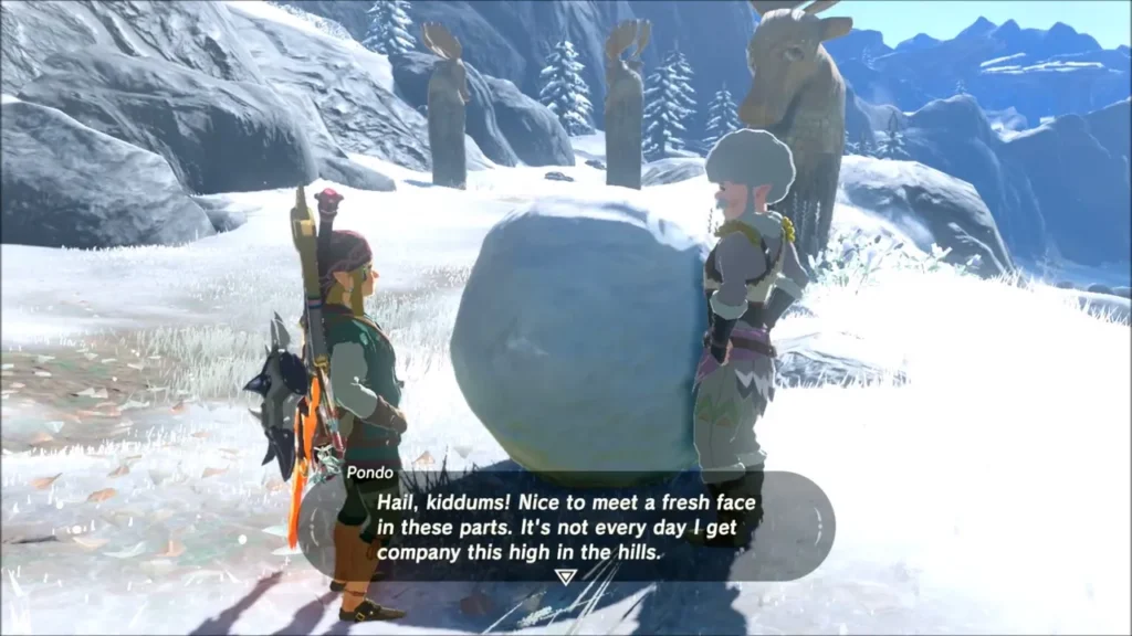 Pondo standing beside a giant snowball as he greets Link at the lodge Pondo standing beside a giant snowball as he greets Link at the lodge