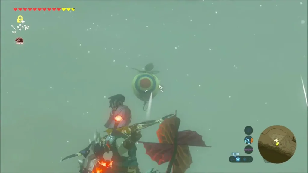 Link aiming an arrow at a balloon target from horseback in the snowstorm Link aiming an arrow at a balloon target from horseback in the snowstorm