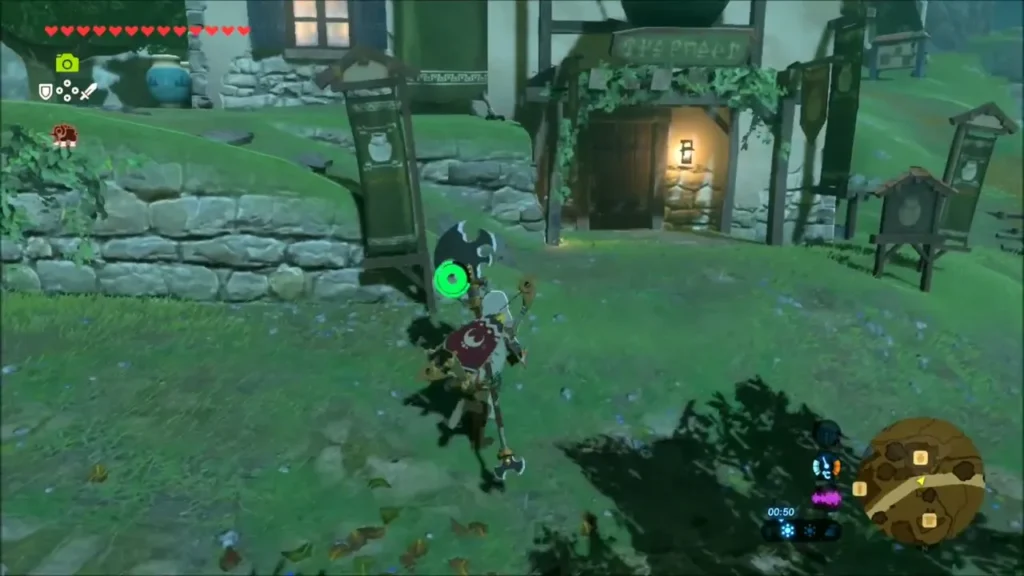 Link walking up to Pruce's general store door in Kakariko Link walking up to Pruce's general store door in Kakariko